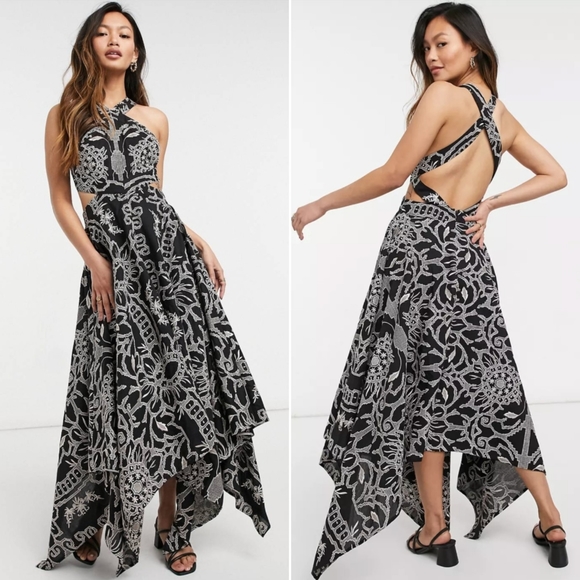 ASOS EDITION 🖤 embroidered halter midi dress with cutout sides in black - Picture 1 of 3
